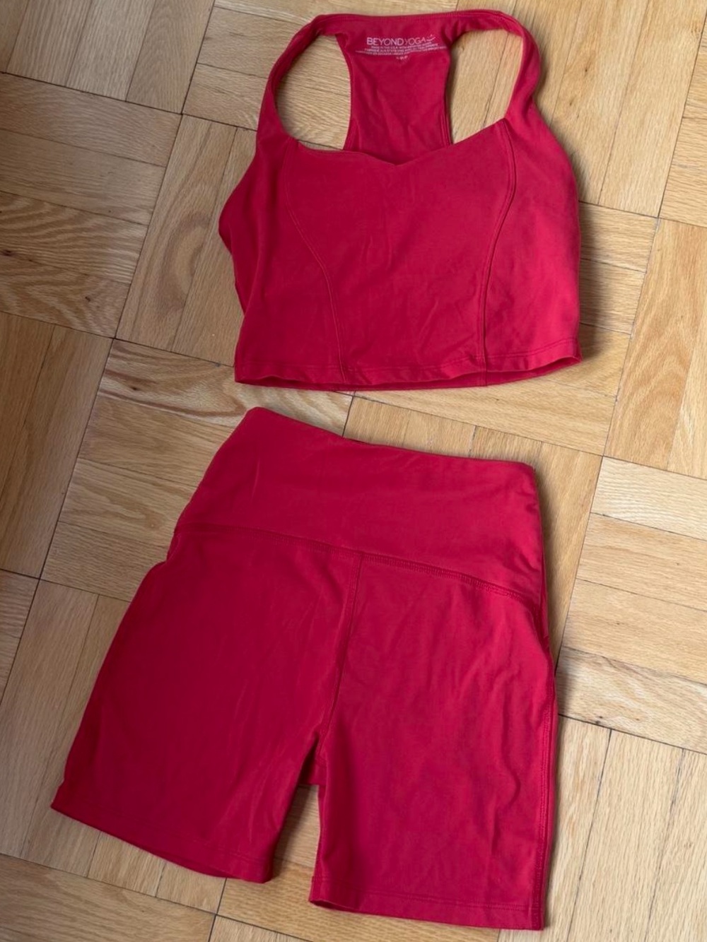 Beyond Yoga Red Racerback Crop & High-Waist Bike Short Set